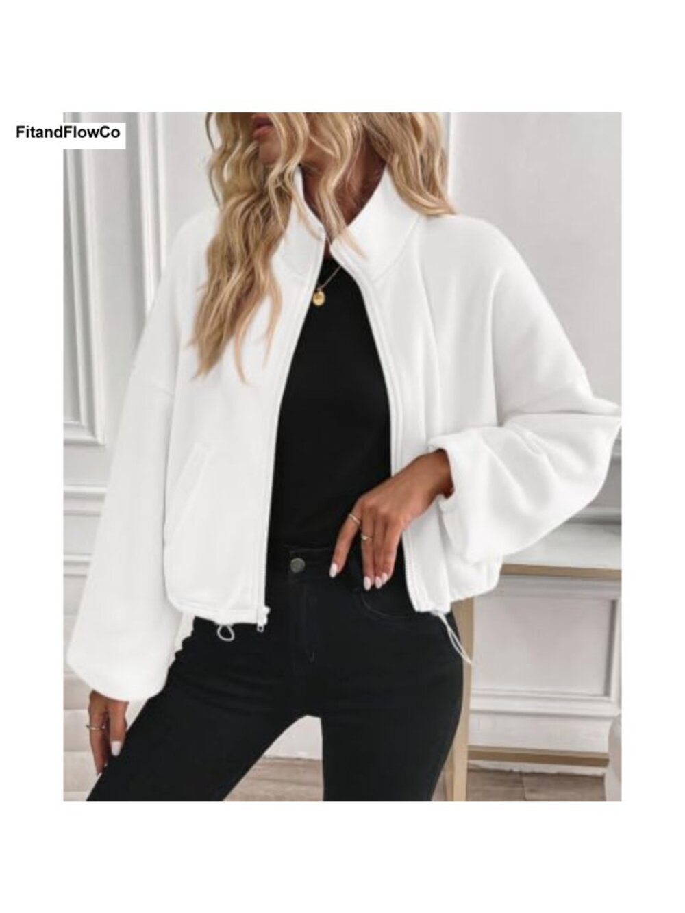 Cropped Fleece Zip Up Sweatshirt Stand Collar Drawstring Hem Pockets - Picture 5 of 6